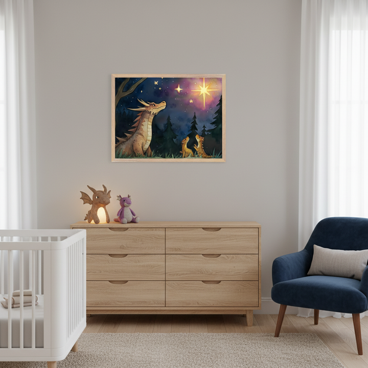 Modern nursery with a white crib, a wooden six-drawer dresser, and a blue armchair. A framed print hangs above the dresser, depicting a large dragon and two small dragons looking at a bright star in a dark forest at night, in an illustrative style.