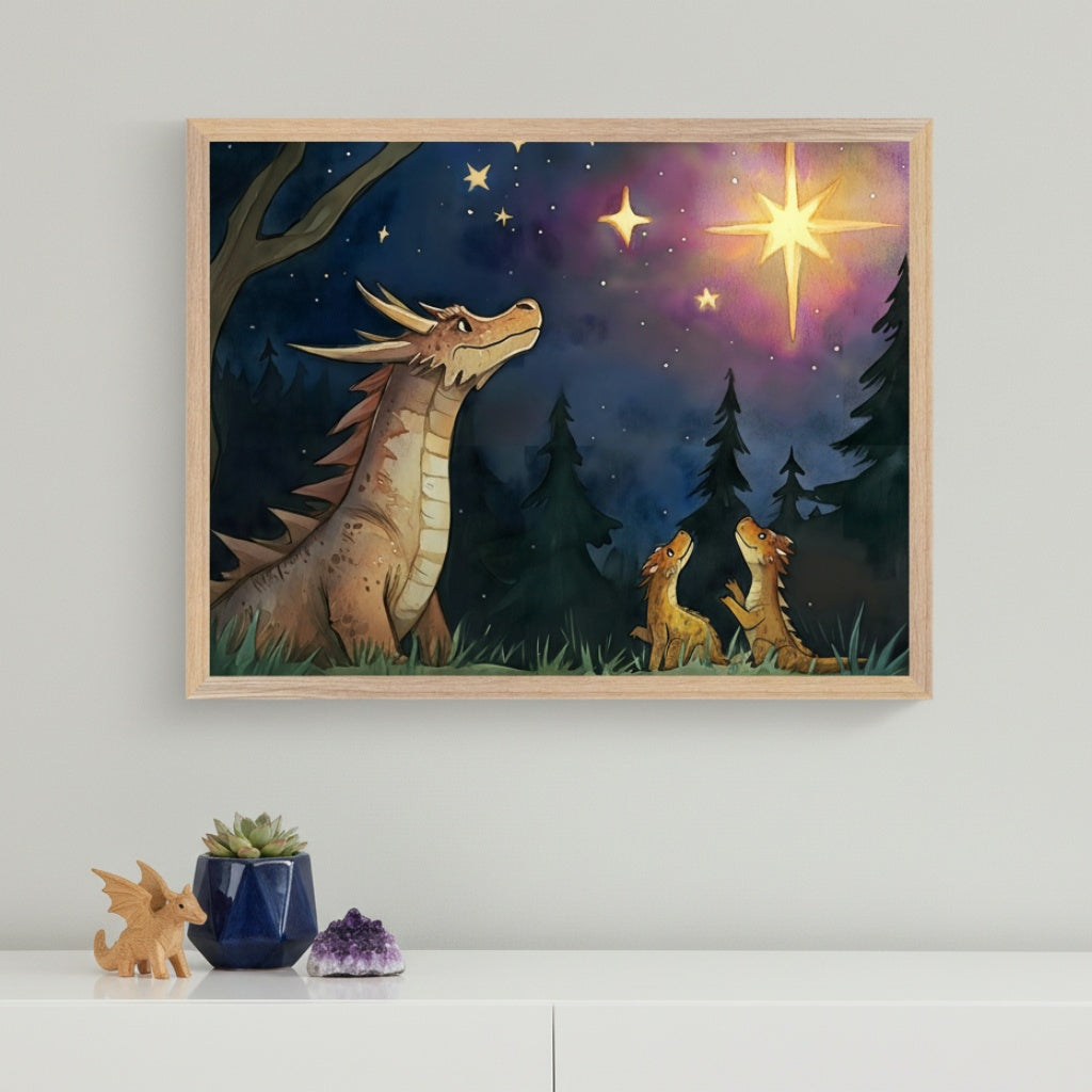 Modern room with a white dresser. A framed watercolor-style art print hangs above, depicting a large brown dragon and two small tan dragons looking up at a bright star in a dark forest at night. A small succulent, a dragon figurine, and an amethyst cluster are on the dresser.