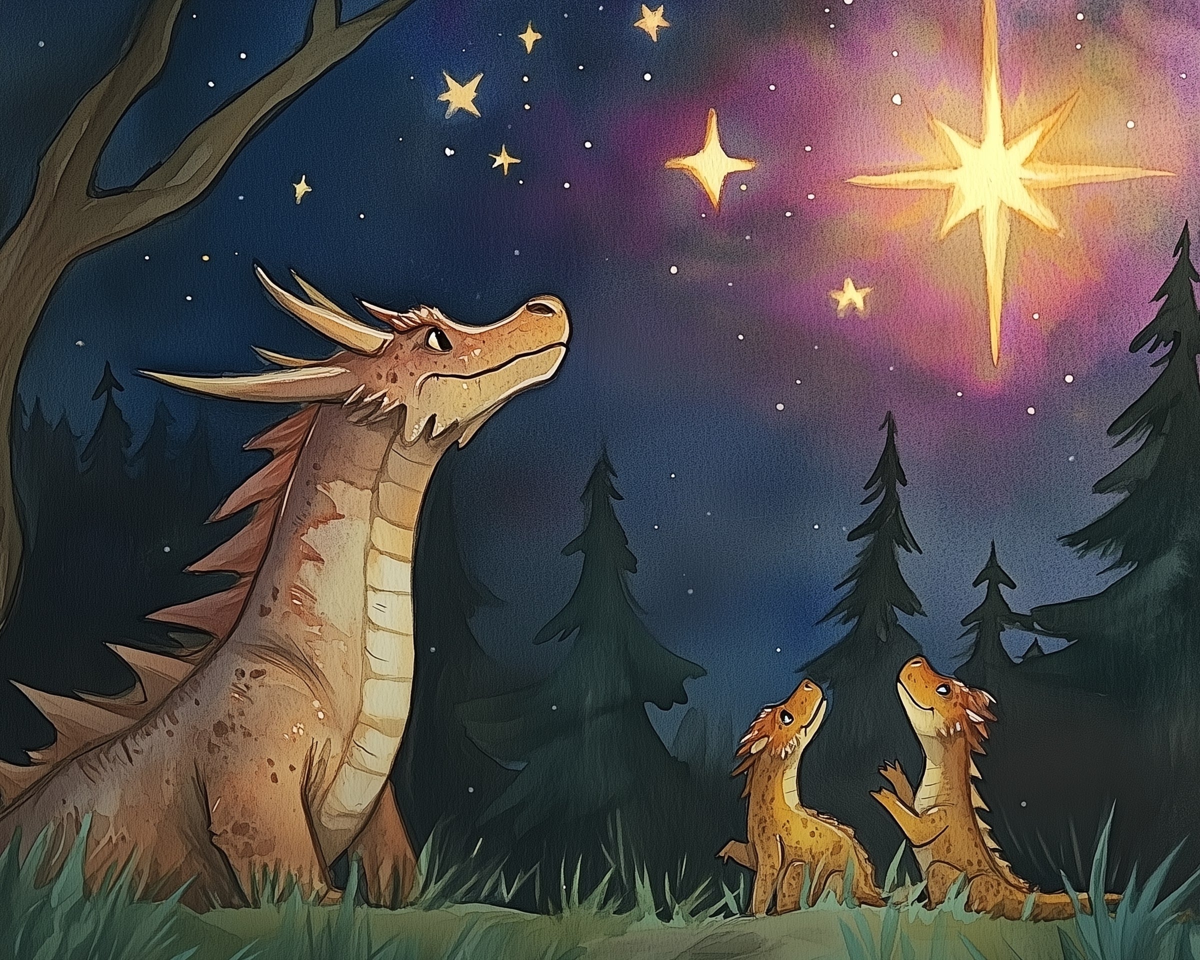 A large, orange dragon with spiky scales sits on a grassy clearing, gazing up at a bright, golden star in a night sky dotted with smaller stars, while two smaller dragons, likely its offspring, sit beside it, also looking upwards in wonder, surrounded by tall, dark pine trees.