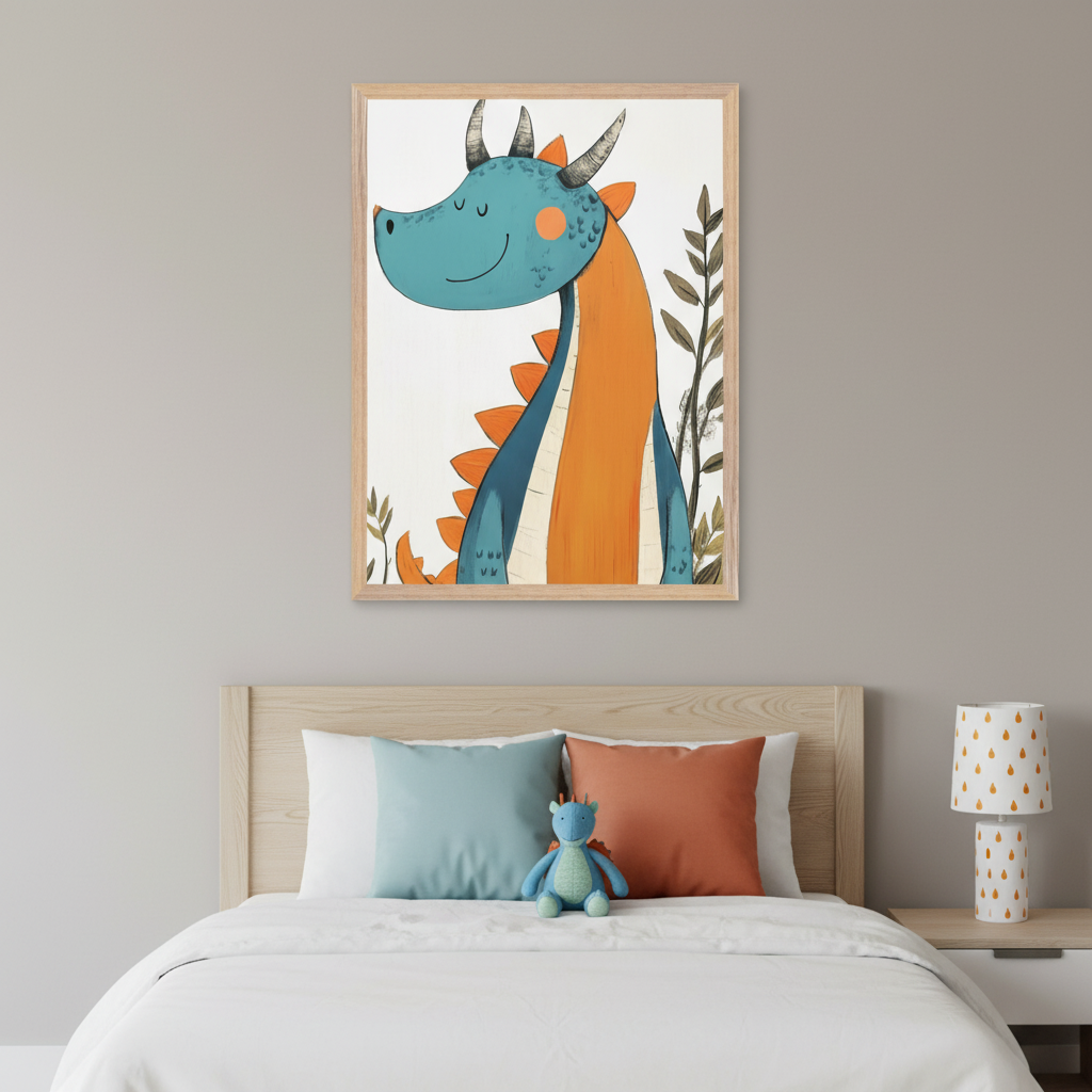 Kid's bedroom with a wooden bed and headboard. A large framed illustration of a smiling blue and orange dragon is centered above the bed. The bed has white bedding, two colorful pillows, and a blue dragon plushie. A nightstand with a patterned lamp is on the right.
