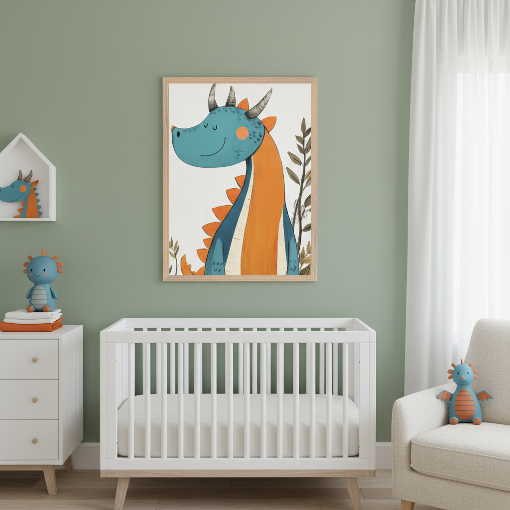 Modern nursery with sage green walls. A large framed print of a smiling blue and orange cartoon dragon hangs centered above a white crib. A white dresser with a blue dragon plush is to the left, and a cream armchair with another blue dragon plush is to the right.