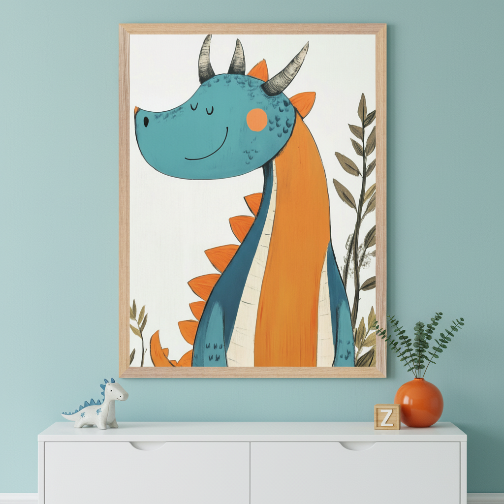 Modern kid's room with a pale blue-green wall. A large framed print of a smiling, cartoon-style blue and orange dragon hangs above a white dresser. A white toy dinosaur and a small plant in an orange vase sit on the dresser.