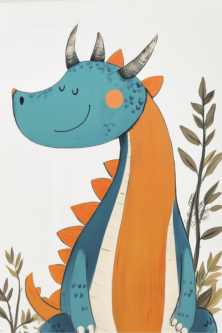 A cheerful cartoon dragon with blue skin and orange spikes sits contentedly, eyes closed and smiling, surrounded by simple brown leaves against a white background.
