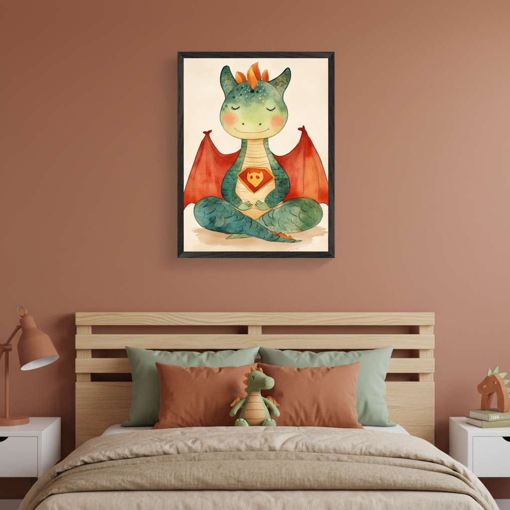 Kid's bedroom with a wooden bed, beige bedding, and green/terracotta pillows. A plush dragon toy sits on the bed. A framed watercolor illustration of a meditating green dragon with red wings and a heart emblem hangs centered above the bed. White nightstands with a lamp and decor are on either side.