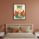 Kid's bedroom with a wooden bed, beige bedding, and green/terracotta pillows. A plush dragon toy sits on the bed. A framed watercolor illustration of a meditating green dragon with red wings and a heart emblem hangs centered above the bed. White nightstands with a lamp and decor are on either side.
