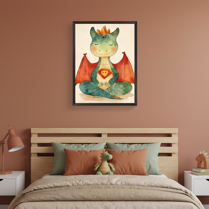 Kid's bedroom with a wooden bed, beige bedding, and green/terracotta pillows. A plush dragon toy sits on the bed. A framed watercolor illustration of a meditating green dragon with red wings and a heart emblem hangs centered above the bed. White nightstands with a lamp and decor are on either side.