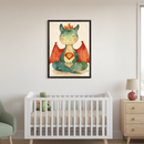 Modern nursery with a white crib on an off-white wall. A framed watercolor of a meditating green dragon with red wings and a heart symbol hangs centered above the crib. A wood dresser is to the right.