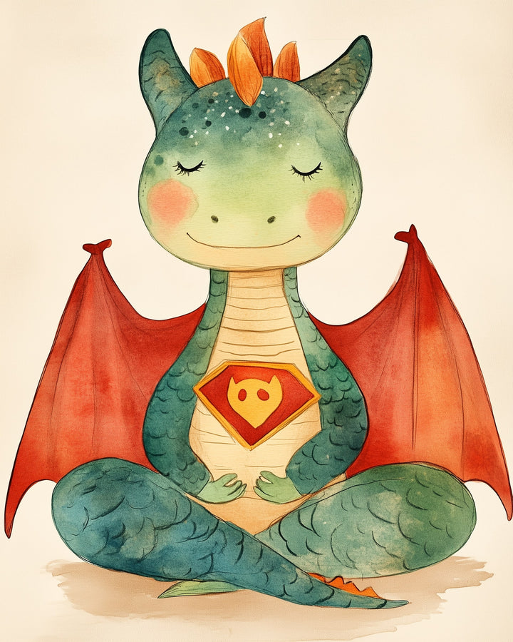 A cute cartoon dragon with green scales and orange spikes sits cross-legged, eyes closed and smiling peacefully. It has red wings and a superhero emblem on its chest, set against a light background.