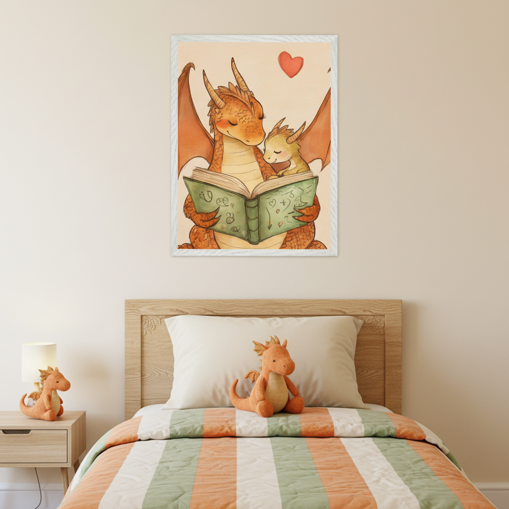 Kid's bedroom with a wooden bed and striped bedding. A framed illustration of two cartoon dragons, a parent and child, reading a book together, hangs above the bed. An orange dragon plush sits on the bed, another on a bedside table with a lamp.