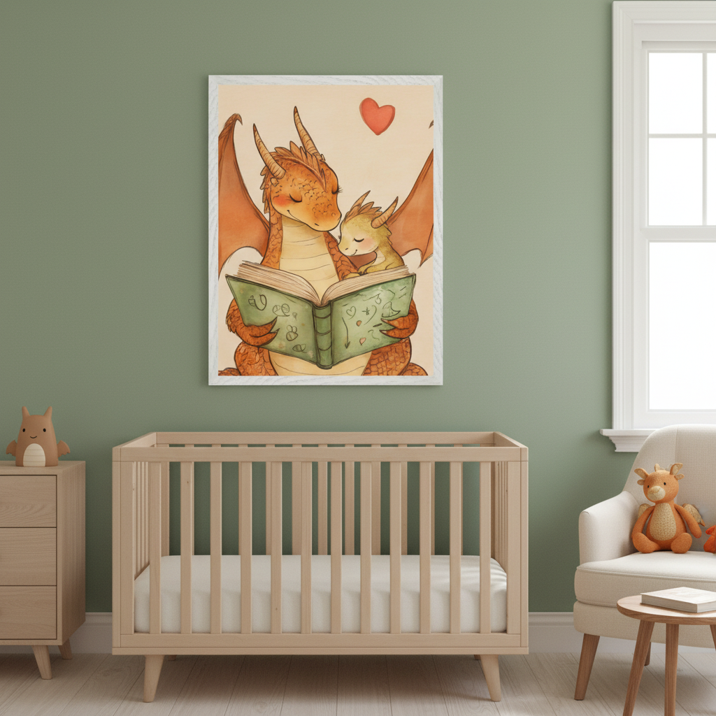 Modern nursery with light wood crib, dresser, and white armchair. Above the crib hangs a framed illustration of a large orange dragon and a small yellow dragon reading an open book together, with a red heart floating above.