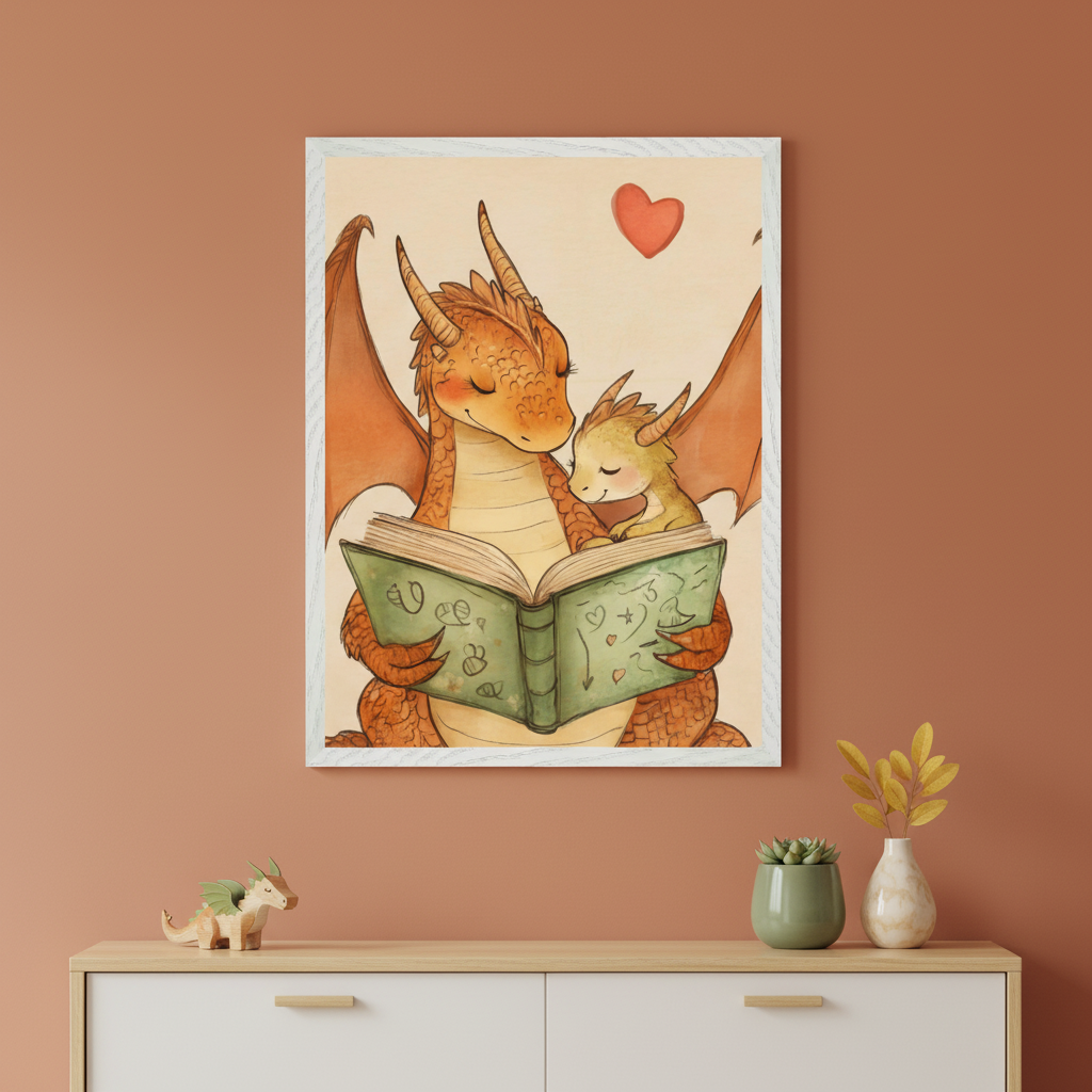 Modern kid's room with a white wood dresser. A framed watercolor print of two dragons reading a book, with a red heart, hangs above it. A wood dragon toy, a succulent, and a vase with leaves are on the dresser.