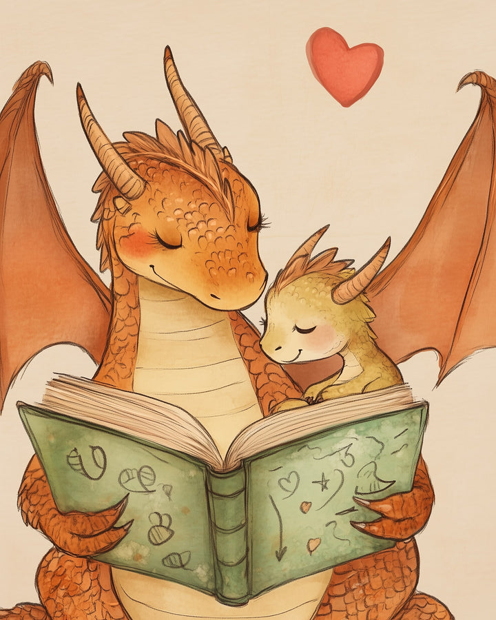 A nurturing dragon with orange scales and large wings is gently reading a book to a small, light-colored dragon nestled beside it, with a red heart floating above them, symbolizing affection.