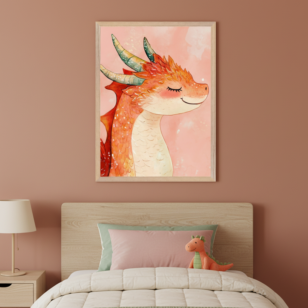 Kid's bedroom with dusty rose walls, a light wood bed, and a nightstand with a lamp. A framed watercolor painting of a smiling orange dragon with closed eyes and green horns hangs above the bed. A matching orange dragon plush sits on the bed. Pink and green pillows.