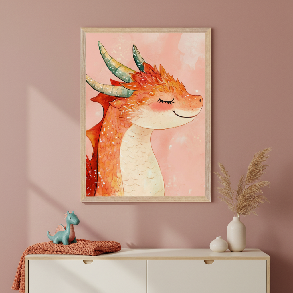 Modern kid's room with a pink wall and white dresser. A framed watercolor illustration of a smiling orange dragon with green horns hangs above the dresser. A blue dinosaur toy, orange blanket, and two white vases with dried pampas grass are on the dresser.