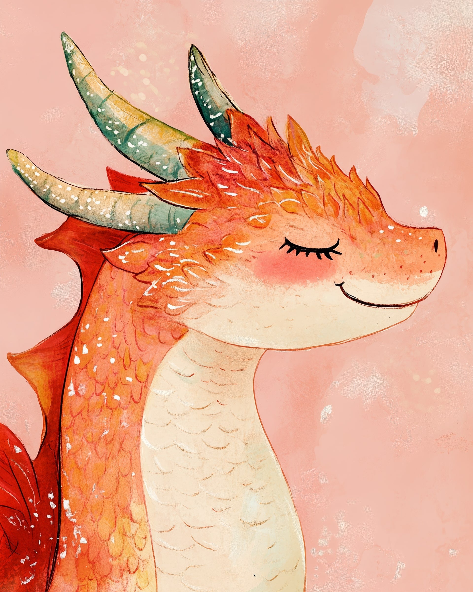 A charming illustration of a dragon with closed eyes and a content smile, featuring vibrant orange and red scales and a cream-colored underside. Its horns are a mix of green and yellow, and the background is a soft pink, adding to the whimsical feel.