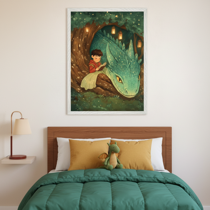 Kid's bedroom with a wooden bed, green duvet, yellow pillows, and dragon plush. A large framed illustration of a boy reading on a green dragon in a lantern-lit forest hangs above the bed. A lamp is on a floating shelf left of the bed.