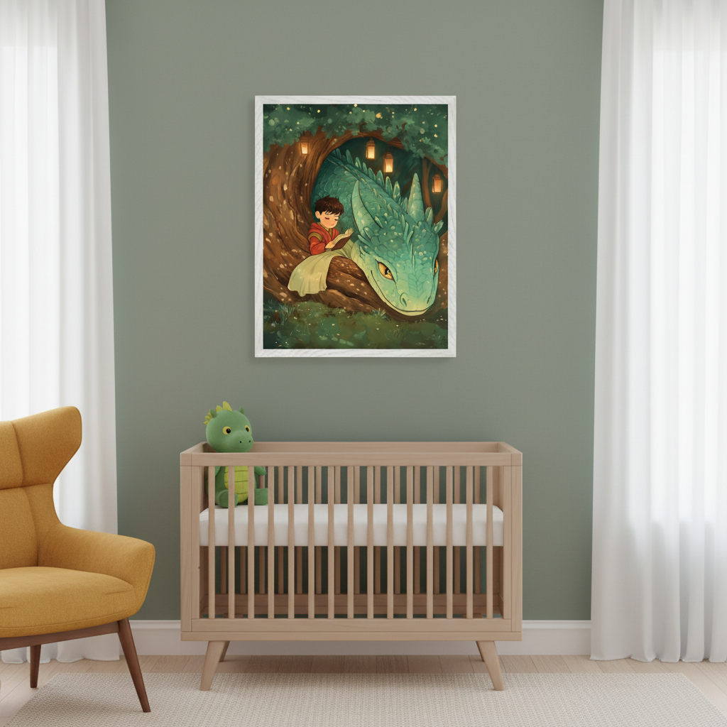 Modern nursery with sage green walls. A light wood crib with a green dragon plush toy is on the right. A yellow armchair is on the left. Centered above the crib is a framed fantasy illustration of a boy reading to a large green dragon.