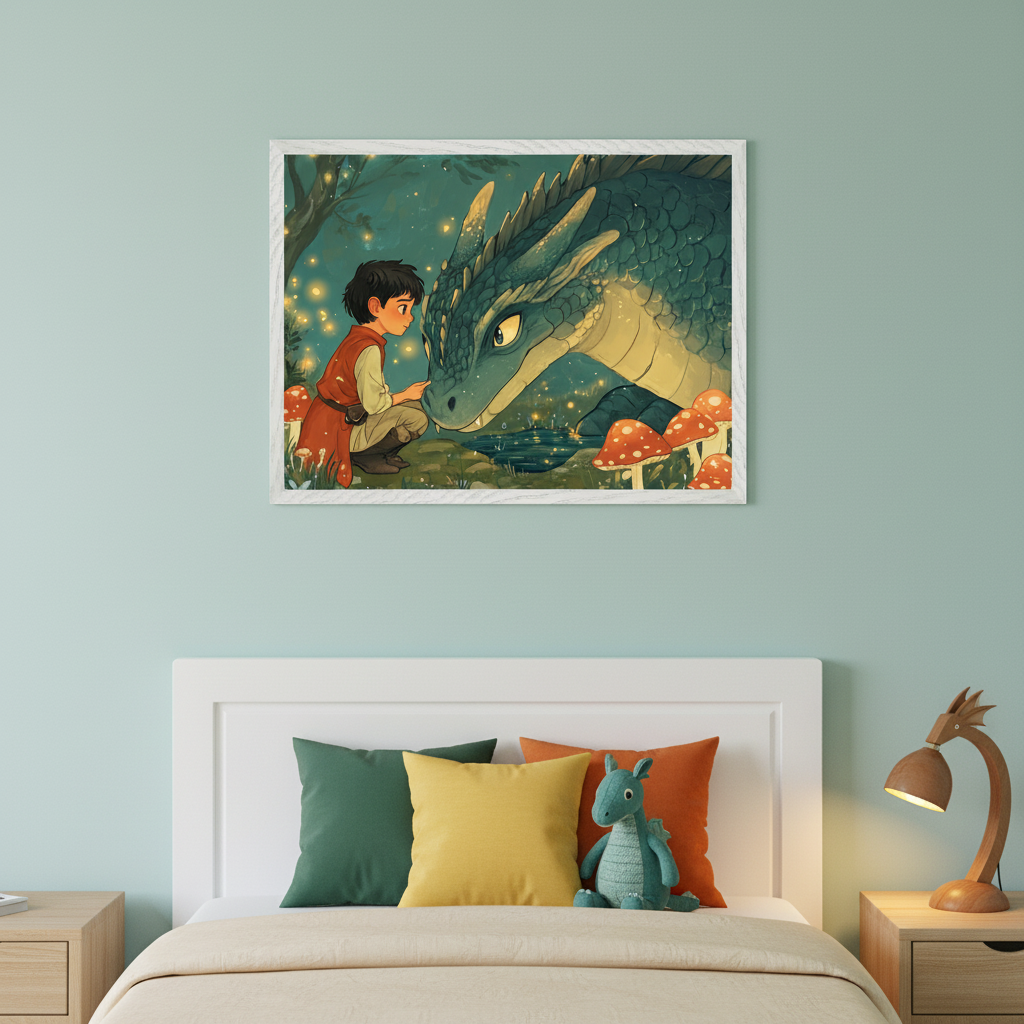 Kid's bedroom with a bed featuring a white headboard and colorful pillows. A framed cartoon illustration of a boy interacting with a friendly green dragon in a magical forest hangs centered above the bed.