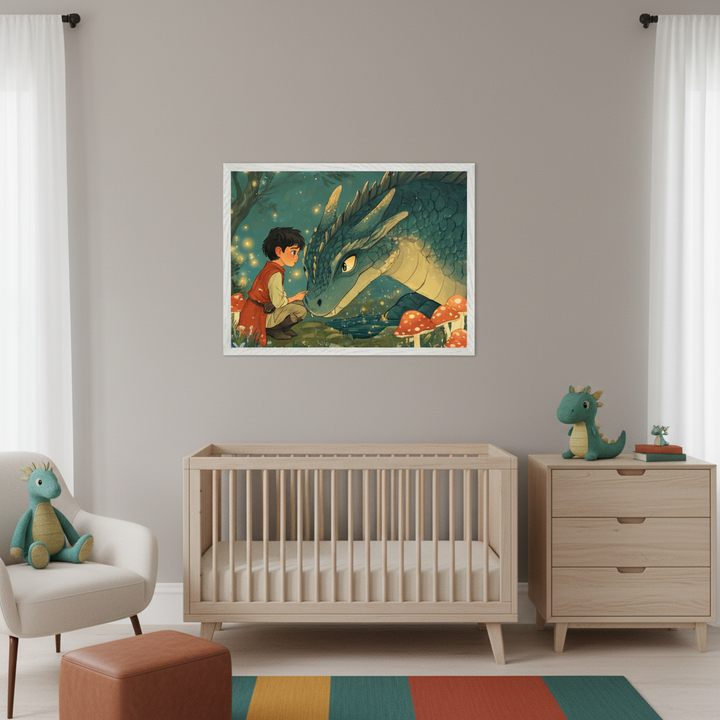 Modern nursery with a light wood crib and dresser. A cream armchair is on the left. A framed whimsical illustration of a boy and a teal dragon in a magical forest with glowing lights hangs centered above the crib.