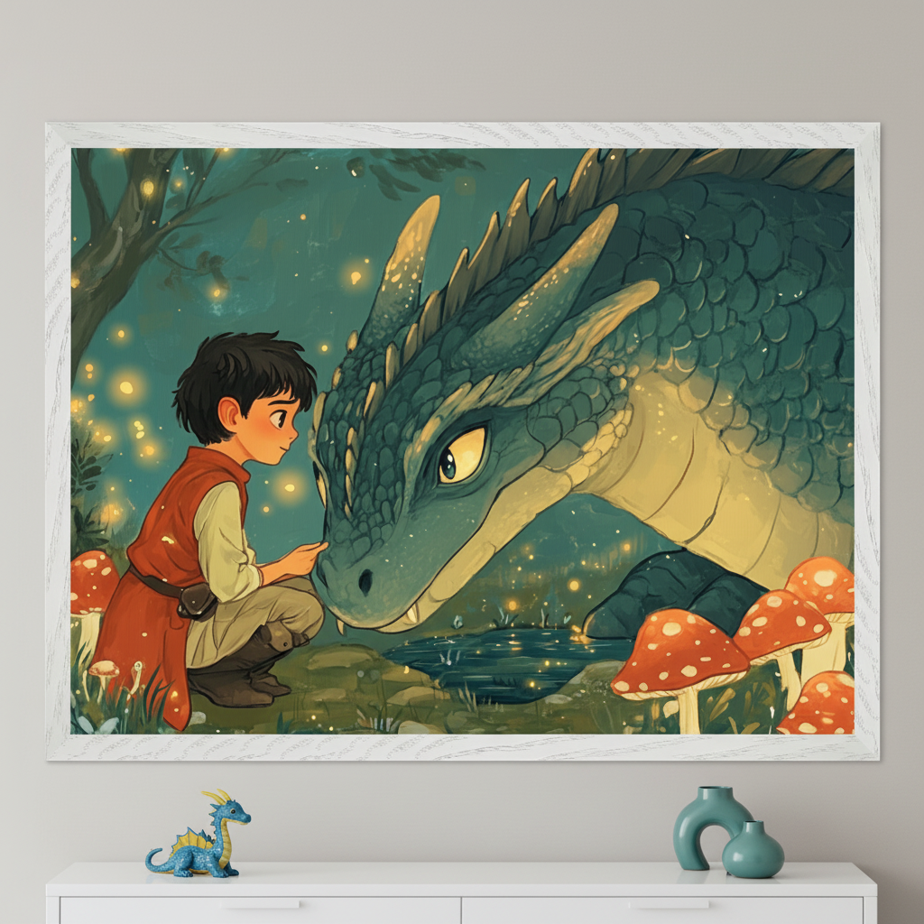 Modern room with a white dresser. A large framed cartoon illustration of a boy touching a blue-green dragon in a glowing forest with mushrooms hangs centered above the dresser. A small blue dragon figurine and two teal vases are on the dresser.