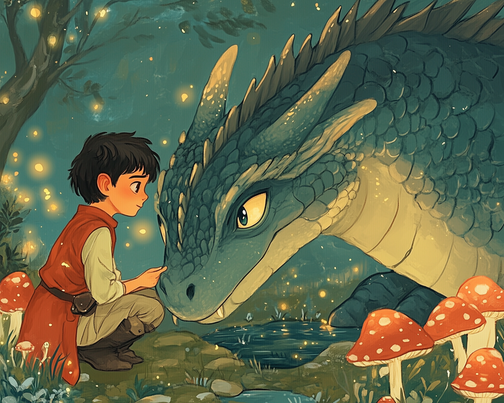 A young person in a red cloak gently touches the nose of a large, blue dragon in an enchanted forest. Glowing fireflies surround them, and red-capped mushrooms grow nearby, creating a magical atmosphere.
