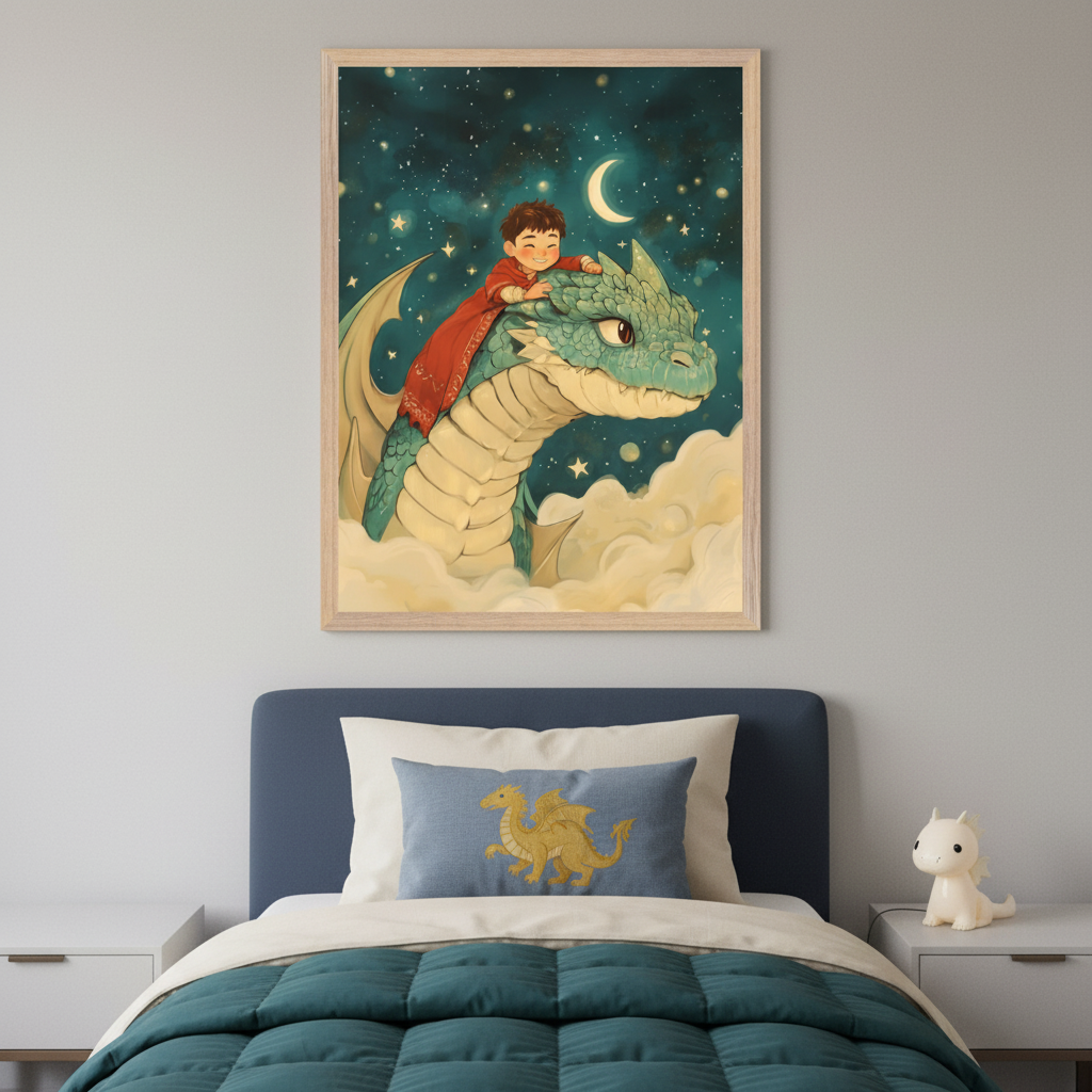 Kid's bedroom with a bed and blue headboard. Centered above the bed is a framed illustration of a boy in a red cloak riding a teal dragon through clouds under a starry night sky with a crescent moon. A dragon-embroidered pillow and dragon figurine are on the bed and nightstand.