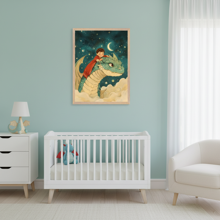 Modern nursery with light blue-green walls. A framed illustration of a child on a green dragon flying through clouds under a starry sky hangs above a white crib. A white dresser is to the left, and a white armchair to the right.