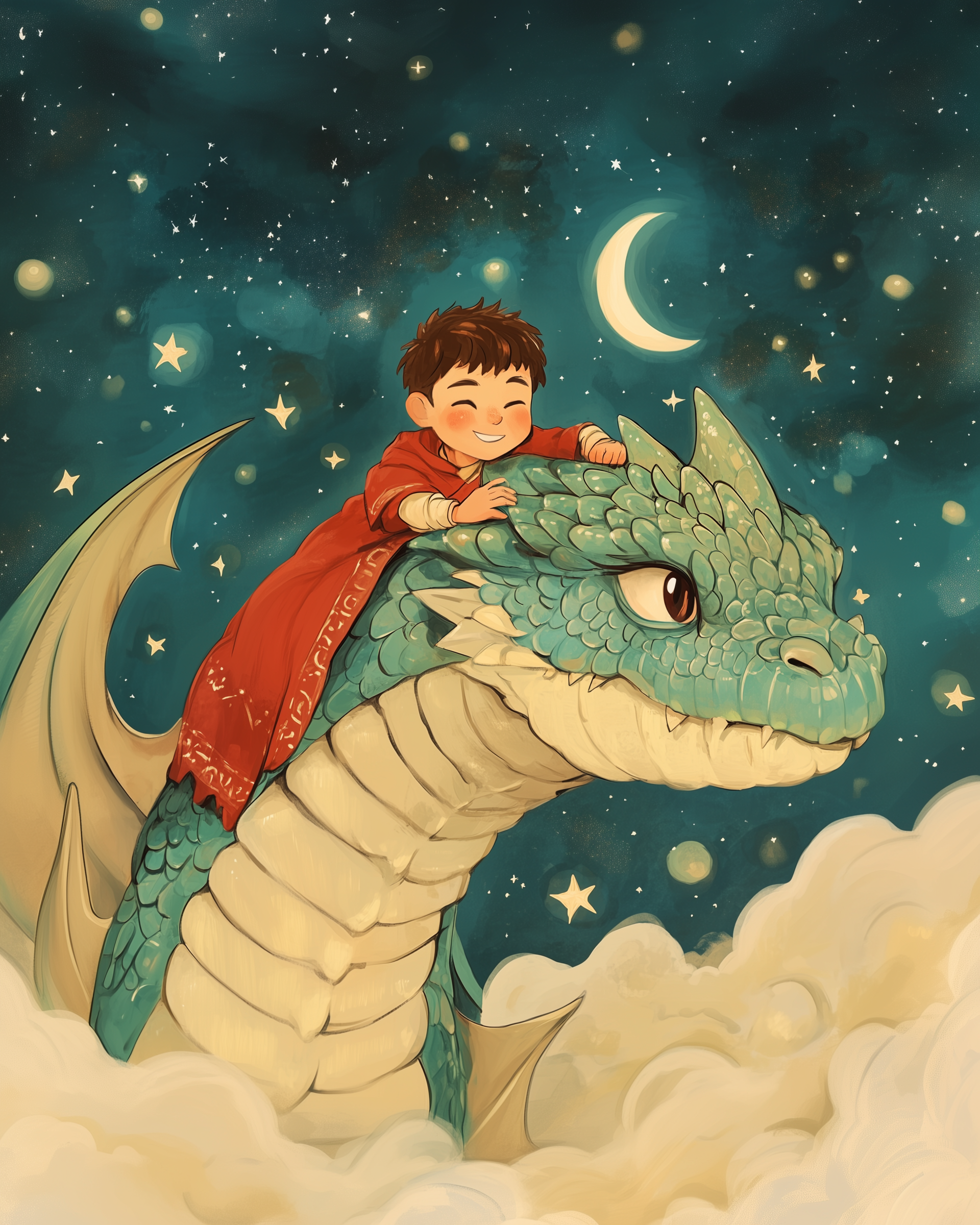 A joyful child wearing a red cloak rides a large, friendly blue dragon through a starry night sky. The dragon is surrounded by fluffy clouds, with a crescent moon and twinkling stars in the background, creating a whimsical and magical atmosphere.
