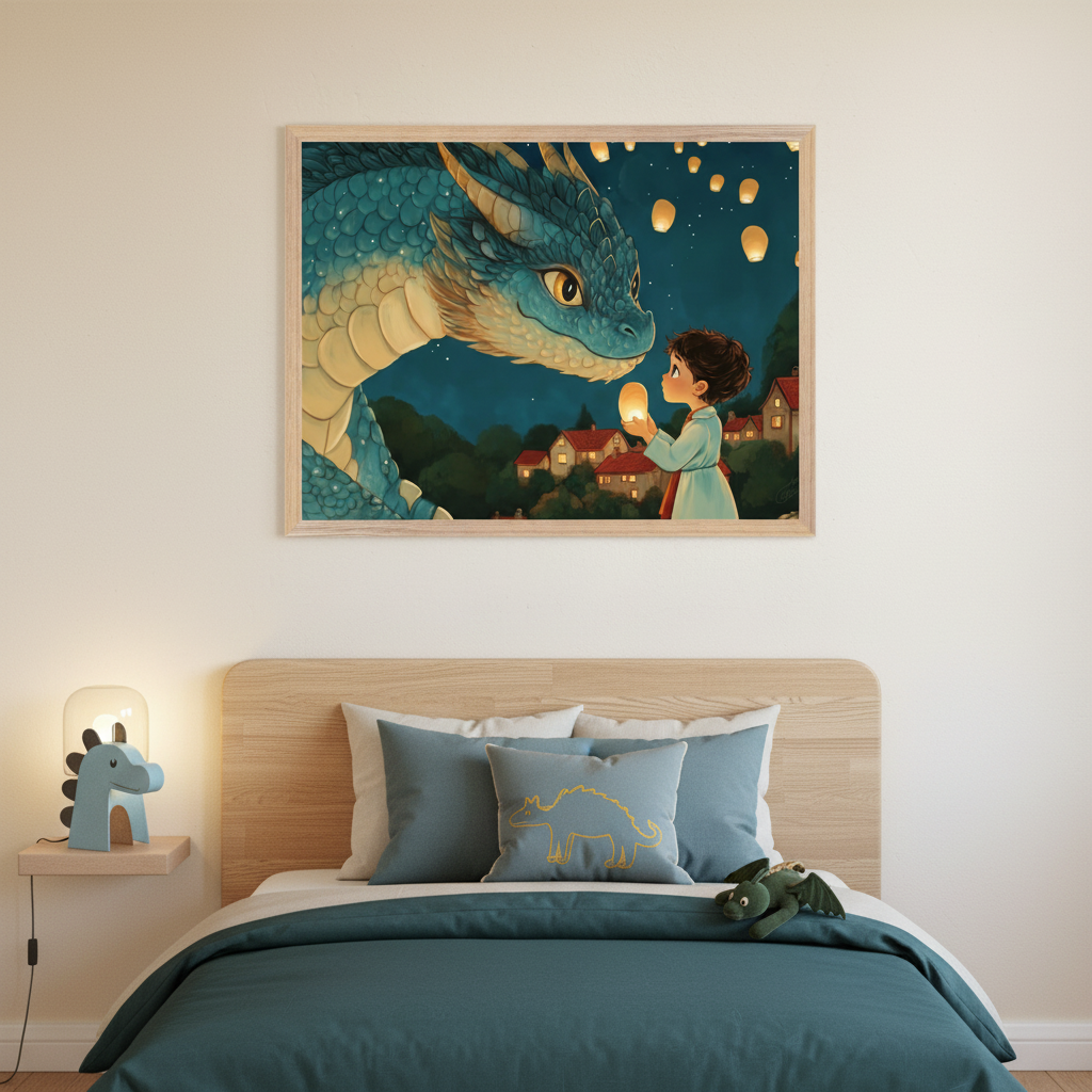 Nursery with a white crib and yellow blanket, a blue armchair, and a white dresser. A framed art print hangs above the crib, depicting a blue dragon and a child holding lanterns in an animated night scene over a village.