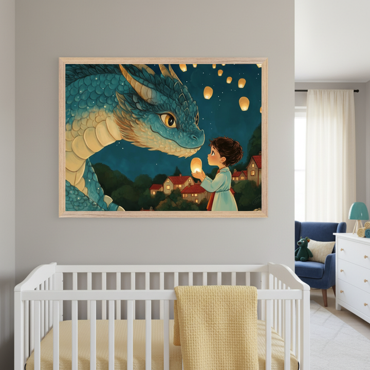Wishes and Wings Dragon Wall Art - Lantern Night Magic Scene - Wishful Flight - For Nursery, Playroom or Kids Bedrooms