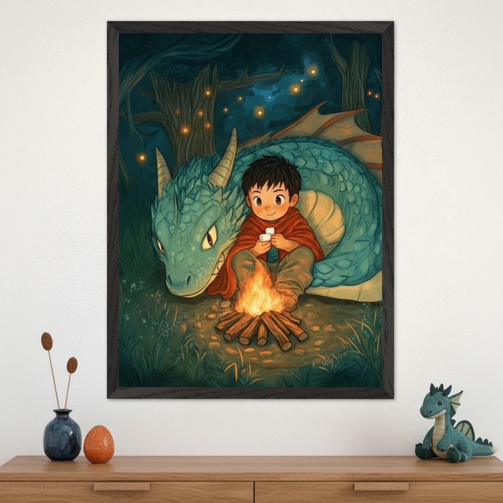 Framed fantasy illustration of a young boy sitting by a campfire in a dark forest, wrapped in a red cloak and holding a cup, with a friendly blue dragon curled protectively beside him. Glowing fireflies float in the background, adding a magical, cozy nighttime atmosphere.