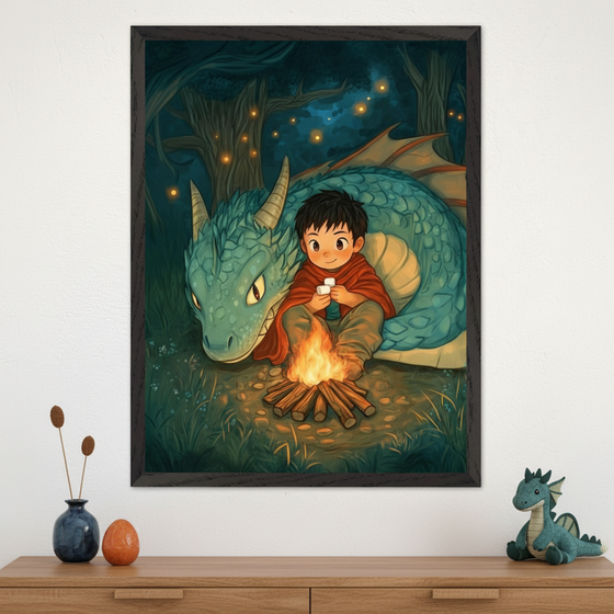 Framed fantasy illustration of a young boy sitting by a campfire in a dark forest, wrapped in a red cloak and holding a cup, with a friendly blue dragon curled protectively beside him. Glowing fireflies float in the background, adding a magical, cozy nighttime atmosphere.