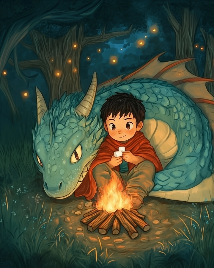 A young boy in a red scarf sits beside a friendly blue dragon, holding marshmallows near a small campfire in a dark, enchanted forest with glowing lights.