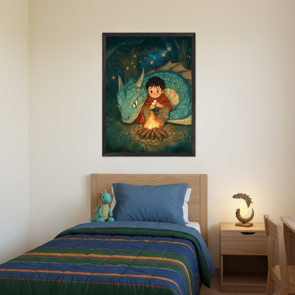 Kid's bedroom with a wooden bed and striped quilt. A framed illustration of a boy roasting marshmallows with a teal dragon next to a campfire in a dark forest hangs centered above the bed.