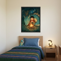 Kid's bedroom with a wooden bed and striped quilt. A framed illustration of a boy roasting marshmallows with a teal dragon next to a campfire in a dark forest hangs centered above the bed.