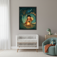 Modern nursery with a white crib, wooden dresser, and teal armchair. A large framed illustration of a boy and a green dragon by a campfire in a dark forest hangs above the crib on the gray wall.