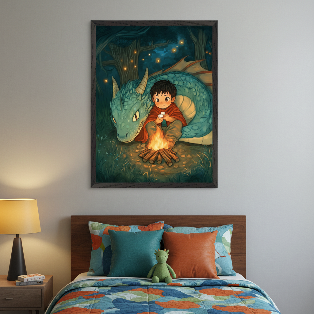 Kid's bedroom with a wooden bed and colorful bedding. A large framed fantasy illustration of a boy and a friendly teal dragon roasting marshmallows by a campfire in a dark forest hangs above the bed.