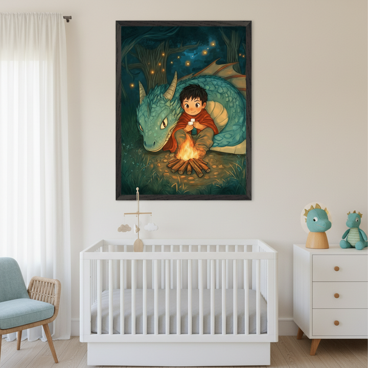 Modern nursery with a white crib, white dresser, and blue armchair. A large framed illustration of a boy with a blue dragon by a campfire in a forest hangs above the crib.