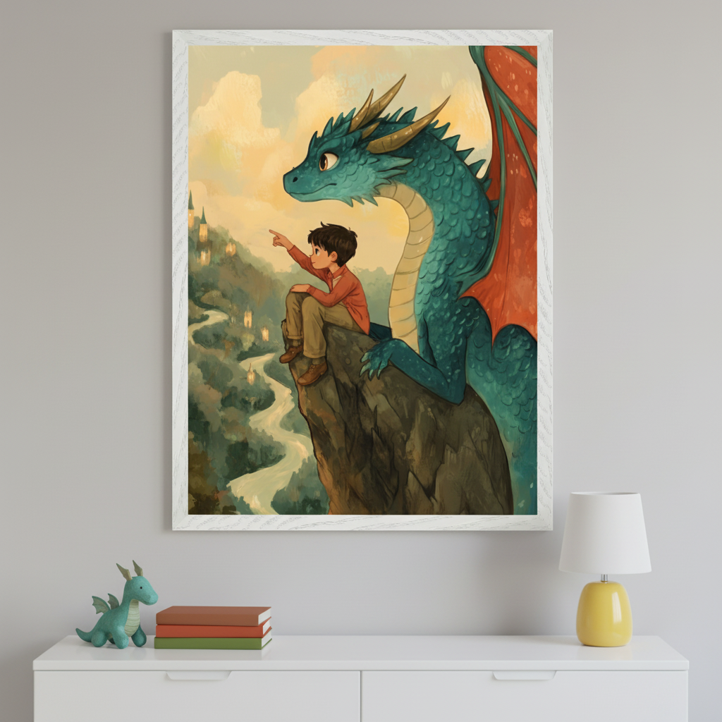 Framed fantasy artwork showing a young boy sitting on a rocky cliff beside a large blue dragon with red wings, both gazing at a winding river and distant castle lights in the misty valley below. Displayed above a white dresser with a plush dragon toy, stacked books, and a yellow lamp, adding a whimsical, adventurous touch to the room.