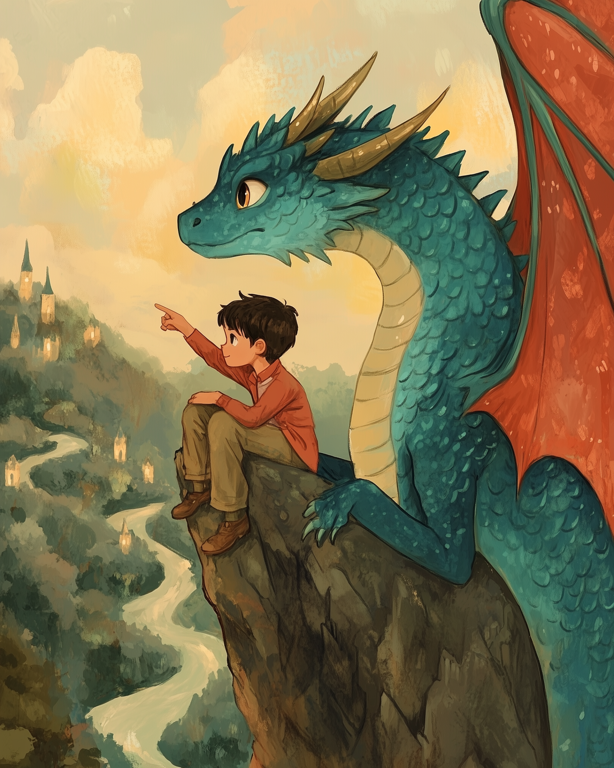 A young boy sits on a rocky ledge next to a large, friendly blue dragon with red wings, both gazing at a distant, fairy-tale landscape featuring a winding river and illuminated castles. The boy points towards the horizon, suggesting a sense of adventure and discovery.