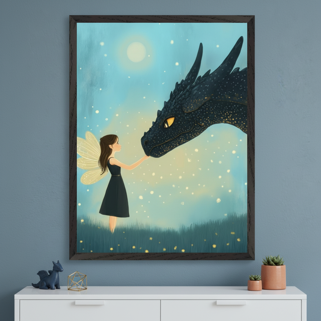 Skybound Spirits Fairy and Dragon Wall Art for Nursery, Playroom or Kids Bedrooms - Whimsical Moonlit Fantasy Decor - Fairy Meet