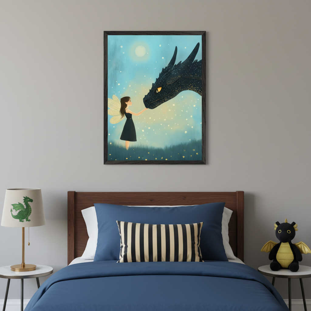 Skybound Spirits Fairy and Dragon Wall Art for Nursery, Playroom or Kids Bedrooms - Whimsical Moonlit Fantasy Decor - Fairy Meet