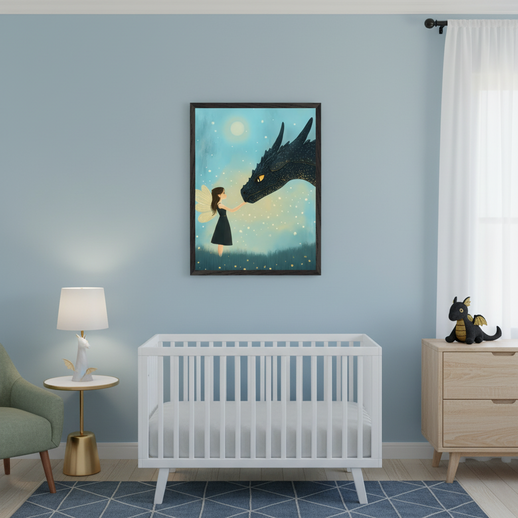 Skybound Spirits Fairy and Dragon Wall Art for Nursery, Playroom or Kids Bedrooms - Whimsical Moonlit Fantasy Decor - Fairy Meet