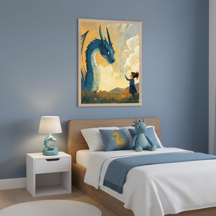 Kid's bedroom with a wooden bed, white nightstand, and a dragon lamp. A framed illustration depicting a large blue dragon and a girl blowing bubbles in a field under a warm sky hangs above the bed.