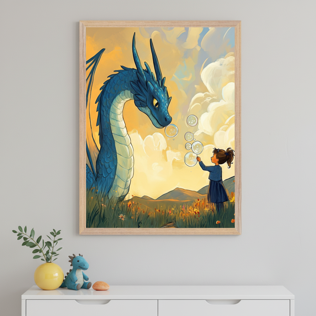 A framed illustration depicting a magical scene where a young girl is blowing bubbles towards a friendly, large blue dragon. The dragon, with its vibrant scales and gentle eyes, watches the bubbles float in the warm, golden light of the sunset. In the foreground, the girl stands in a grassy meadow dotted with flowers, while the distant mountains add to the enchanting atmosphere. Below the artwork, a white cabinet holds a yellow dinosaur-shaped planter, a small teal dinosaur toy, smooth stone.
