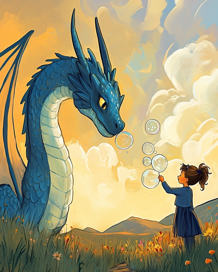 A young girl in a blue dress is blowing bubbles, enchanting a large, friendly blue dragon in a sunlit meadow. The dragon watches curiously as the bubbles float, surrounded by wildflowers and rolling hills under a vibrant sky.