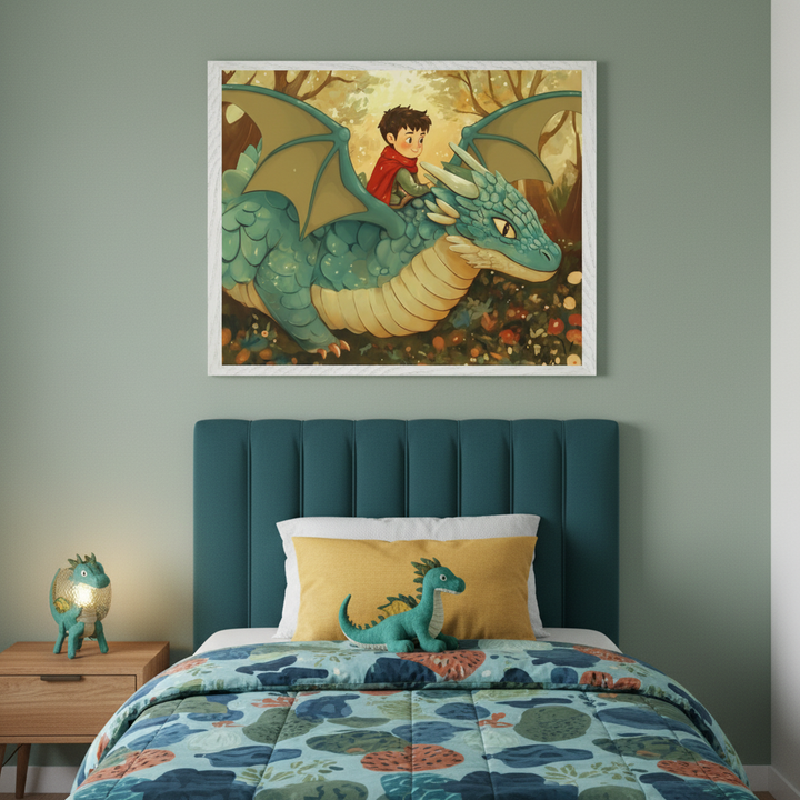 Kid's bedroom with a teal upholstered bed and wooden nightstand. A large white-framed illustration of a boy riding a teal dragon in a forest hangs centered above the bed. A dragon lamp is on the nightstand, and a dragon plushie is on the bed.