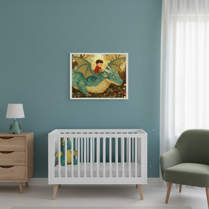 Modern nursery with a blue-green wall. A framed illustration of a boy on a teal dragon in a forest hangs above a white crib. A light wood dresser is to the left, and a green armchair to the right.