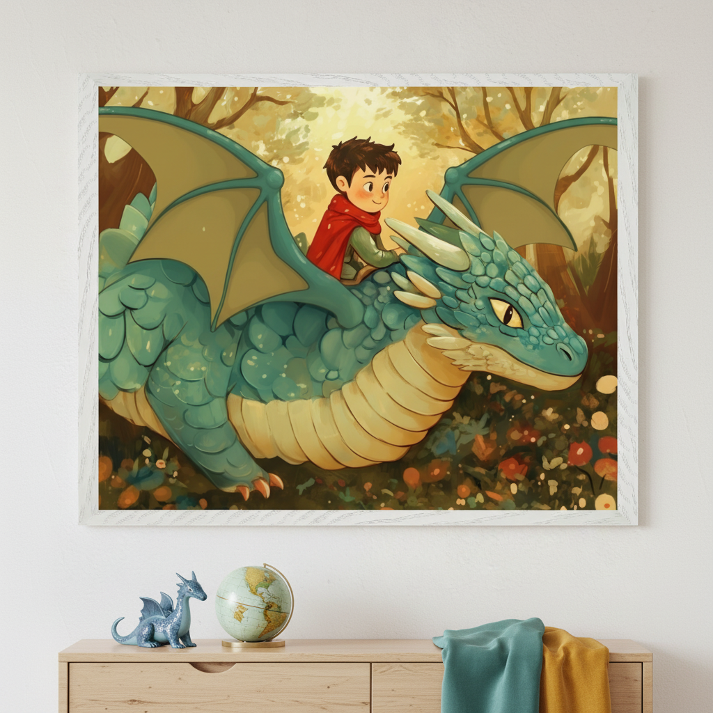 A framed illustration of a young boy wearing a red cape, riding a large blue dragon with wings in a magical forest. The dragon has yellow eyes and a friendly expression. The background features warm, golden light filtering through trees, with colorful flowers and foliage. On the shelf in front of the artwork, there's a small dragon figurine, a globe, and a folded blanket. The wall behind is white.