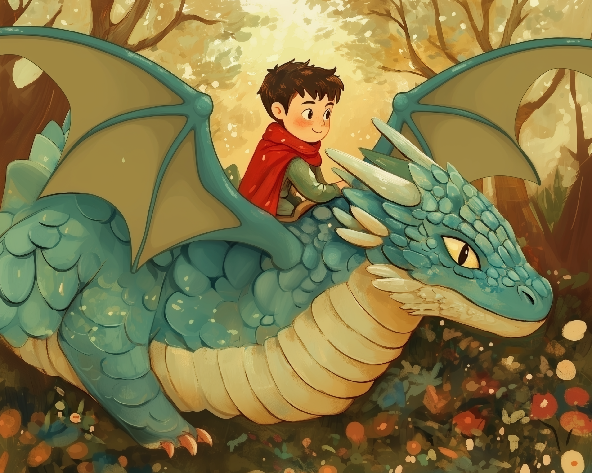 A young boy wearing a red cape is joyfully riding a large, friendly blue dragon through a forest. The dragon has textured scales, a cream-colored underbelly, and large wings. The scene is set in a sunlit forest with colorful foliage and flowers scattered on the ground.